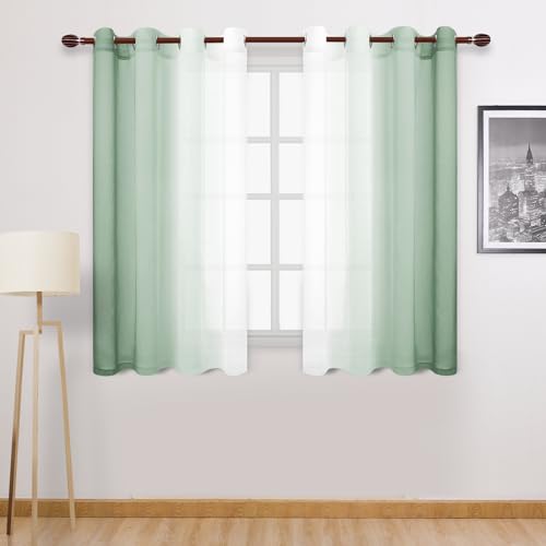 DWCN Light Sage Faux Linen Ombre Sheer Curtains - Short Curtains Gradient Semi Voile Curtains for Kitchen and Living Room, Set of 2 Grommet Top Window Curtain Panels, W52 x L54 Inches, Sage Green