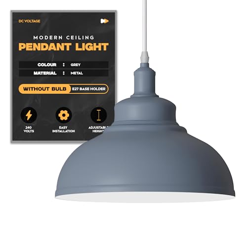 DC VOLTAGE Modern Ceiling Pendant Light Grey Metal 29cm Width Lampshade Easy Fit E27 Base with Adjustable Cable Hanging Light Fitting for Kitchen Living Room Bedroom Restaurant Office Bar