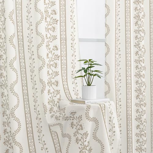 Beige Cream and Taupe Neutral Floral Farmhouse Curtains, Vintage Antique Botanical Pattern Sheer Natural Fabric Linen Drapes for Living Room Bedroom Dining Room 84 Inches Long