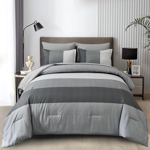 "WONGS BEDDING Grey Comforter Set Queen, Reversible Grey Striped Patchwork Down Alternative Comforter for Queen Bed,3 Pieces (1 Comforter+2 Pillowcases), Boho Soft Microfiber Bedding Set 90""??90"""