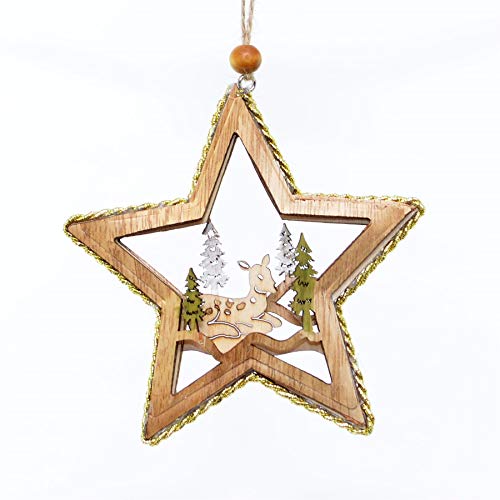 11cm Christmas Tree Ornaments Lying Deer Wooden Aesthetic Star Shape Hanging Decorations Xmas DIY Holiday Home Décor