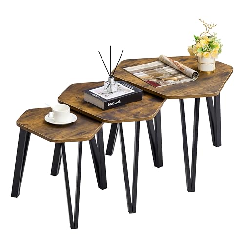 Vida Designs Brooklyn Nest of 3 Tables, Industrial Style Stacking side Tables With Steel Frame, Sturdy and Easy Assembly (Dark wood)