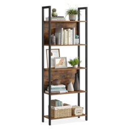 VASAGLE Bookcase, Storage Shelf, Kitchen Shelf, 5 Tiers, Stable Steel Frame, for Office, Entrance, Living Room, Industrial Style, Rustic Brown and Black LLS025B01