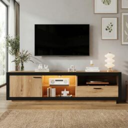 39F Furniture Dream Modern TV Stand Cabinet with LED Lights, 1 Drawer 1 Door, Wood & Black, Glass Shelves, 160x40x50cm, Entertainment Center for 70 Inch TV, Living Room Sideboard, Particleboard