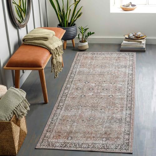 Livabliss Peyton Terjit Washable Runner 80x220 cm, Hallway & Kitchen, Vintage Boho Style, Easy Care, Brown Charcoal Black