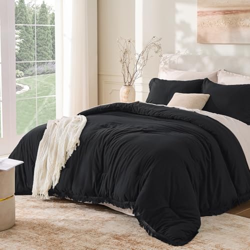 Andency Comforter Full Black, 3 Pieces Boho Winter Bedding - Lightweight Comforter Sets, All Season Tassel Bed Set (1 Comforter 79x90 & 2 Pillowcases)