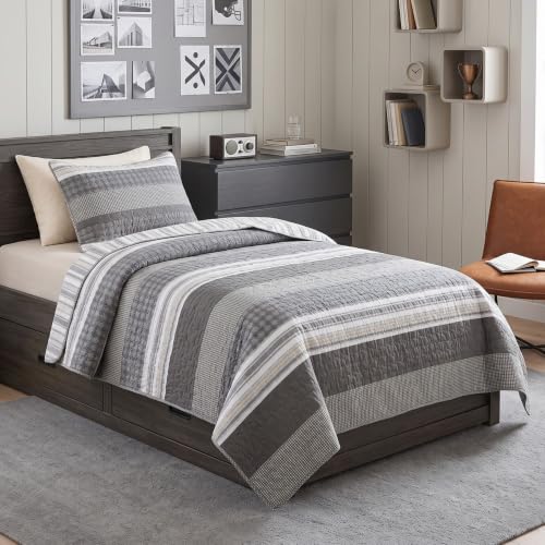 Soul & Lane - Madrona Cotton Quilt Set, Men's Bedding, Twin with 1 Sham - Masculine Comforter Set in Brown and Gray, Modern Striped Quilted Bedspread, Grey Pieced Coverlet, Contemporary Boys Bedding