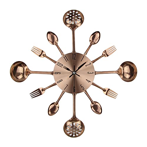 Kitchen Metal Copper Wall Clocks with Spoons and Forks 3D Removable Modern Creative Cutlery Kitchen Spoon Fork Wall Clock for Great Home Decor and Nice Gifts (Copper-40CM)