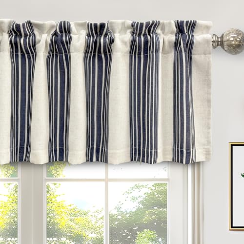DriftAway Chris Linen Lined Valance Double Layer Thermal Insulated Room Darkening Blackout Valances 3 Inch Rod Pocket Vertical Striped Kitchen Valance for Bathroom 52 Inch by 14 Inch Ivory Dark Blue