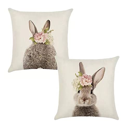 KAKABUQU Easter Bunny Throw Pillow Cover 18 x 18 Set of 2, Linen Cute Rabbits Pillows Floral Easter Bunny Decor Throw Pillow Case Cushion Cover Decorations for Home Farmhouse Sofa Bed