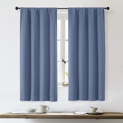 OWENIE Sally Denim Blue Blackout Curtains for Bedroom 63 Inch Length 2 Panels, Solid Thermal Insulated Energy Saving Rod Pocket Window Treatment Drapes, W40 x L63 Inch, Denim Blue