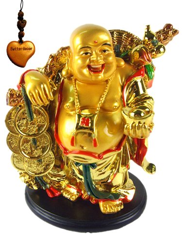 "Betterdecor 5.5"" Feng Shui Golden Laughing Happy Buddha Statue Holding Ingot Home Office Decor"