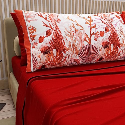 PETTI Artigiani Italiani - Cotton Sheets with Pillowcases in Digital Print, for Single Bed, Complete Top and Bottom Sheet with Corners, Red, 100% Made in Italy