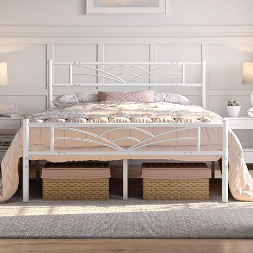 Yaheetech 4ft6 Double Bed Metal Platform Bed Frame with Cloud-inspired Design Headboard and Metal Bed Slats, Ample Under-bed Storage White