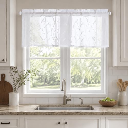 VOGOL White Sheer Valance Curtains, Elegant Wheat Ear Embroidered Lightweight Window Valance for Office, Small Rod Pocket Breathable Voile Curtain Panels for Kitchen Bathroom, 60Wx18L, 1 Piece