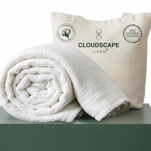 "CLOUDSCAPE 4 Layer Muslin Blanket for Adults - 100% Cotton Blanket Queen Size Bedding, 92""x92"" Fits Upto Full Size Bed, All-Season Lightweight Gauze Soft, Breathable Layering Summer Blankets - White"