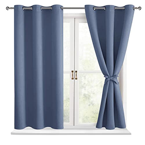 Hiasan Short Blackout Curtains for Bedroom - Thermal Insulated & Energy Saving Window Curtains for Living Room, 2 Drape Panels Sewn with Tiebacks, Blue Haze, 42 x 45 Inch
