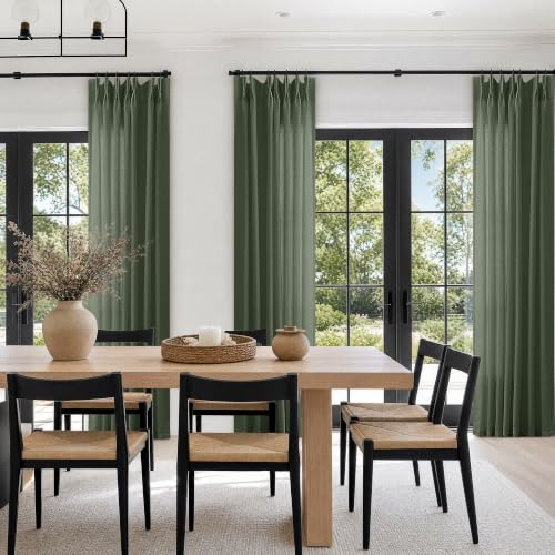 DUKIYO Olive Green Pinch Pleated Luxury Aesthetic Curtains 90 Inches Long - for Living Room Bedroom, Extra Long Floor Length, Pinch Pleat, Linen Drapes, Hooks Rings, Boho, Semi Sheer Curtain 1 Panel