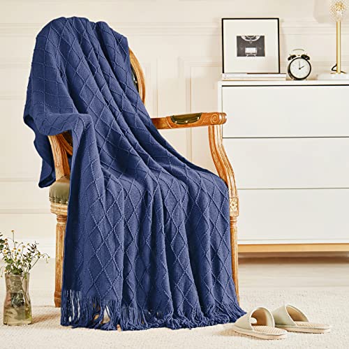 "inhand Navy Blue Throw Blanket for Couch and Bed, Soft Living Room Home Decor Knitted Blanket with Tassel, Outdoor Lightweight Breathable Summer Blanket, Farmhouse Warm Woven Decorative, 50""x60"""