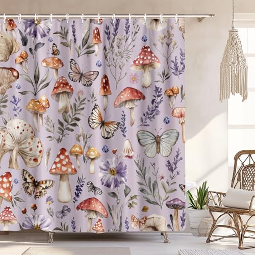 Purple Cute Musrhoom Shower Curtain, Rustic Boho Floral Fabric Shower Curtains for Bathroom, Vintage Chic Wildflower Butterfly Cloth Fairy Witchy Botanical Shower Curtain Set with Hooks 72X72 Inch