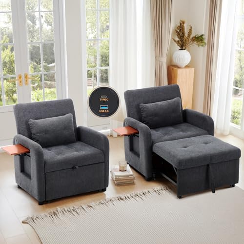 COLAMY Compact Recliner Armchair with USB Port & Side Table, Space Saving Sleeper Chair with Pull-Out Footrest, Adjustable Lounge Sofa Bed Chair for Small Living Room Bedroom Flat,Dark Grey