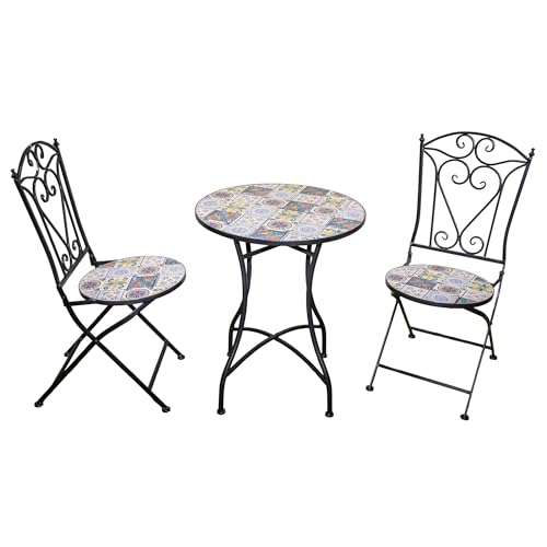 Mosaic Bistro Set 3 Pieces - 2 Folding Chairs and Round Table 60cm Lisbon Metal Outdoor Garden Furniture Set for Balcony, Terrace, Porch, Outdoor Dining