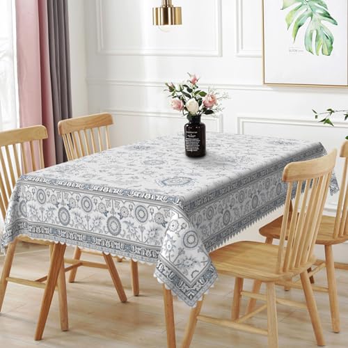 TTQYFNM 70x120inches Boho Floral Tablecloth Blue Flowers Printed Bohemian Pattern Rectangle Table Cloth Waterproof Stain Resistant Polyester Fabric Table Cover for Kitchen Dining Room Home Decor