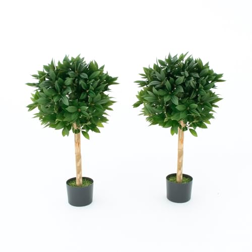 Artificial Bay Trees (Set of 2), Topiary Faux Trees, Premium Quality Real Wood Trunk and Natural Appearance Leaves and Brown Berries, UV Protected, Indoor and Outdoor Use