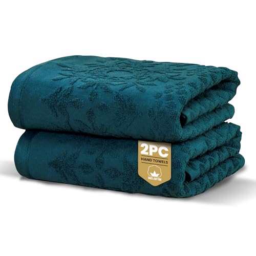 Rapport Home 2-Pack Versailles Jacquard Hand Towels - 50x85cm 100% Cotton 500GSM - Absorbent & Soft Bathroom Towel Set - Oeko-Tex Certified Lagoon