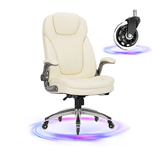 "Ergonomic Office Chair with Rocking Function, Extra Wide 22"" Seat & Flip-up Arms - Height Adjustable Executive Chair with Lumbar Support, Silent Castors"