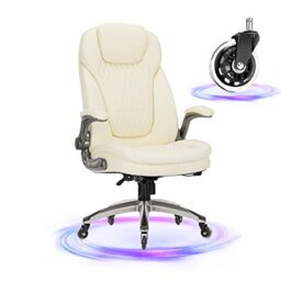 "Ergonomic Office Chair with Rocking Function, Extra Wide 22"" Seat & Flip-up Arms - Height Adjustable Executive Chair with Lumbar Support, Silent Castors"