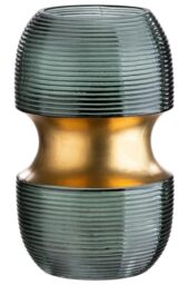 GILDE Decorative Glass Vase – Modern Flower Vase with Grooves Design – Gift Birthday Table Decoration Christmas Wedding Gold Wedding – Colour: Green Gold Height 22 cm