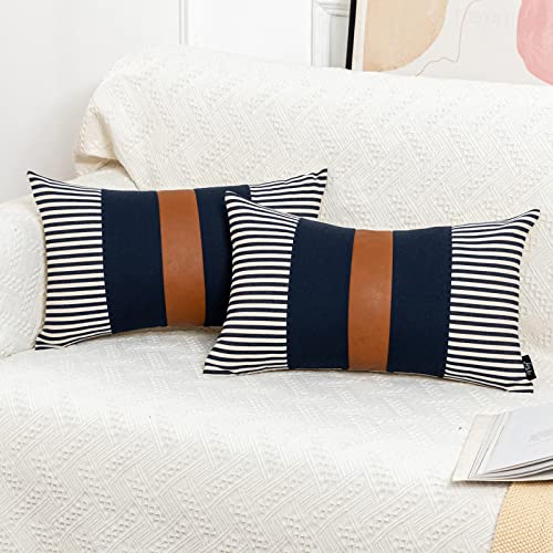 Vfuty Farmhouse Accent Pillow Cover 12x20 Modern Rectangle Throw Pillow Covers Set of 2 Decorative Stripe Cushion Cover for Living Room Bedroom, Boho Accent Chair Pillowcase, Navy Blue