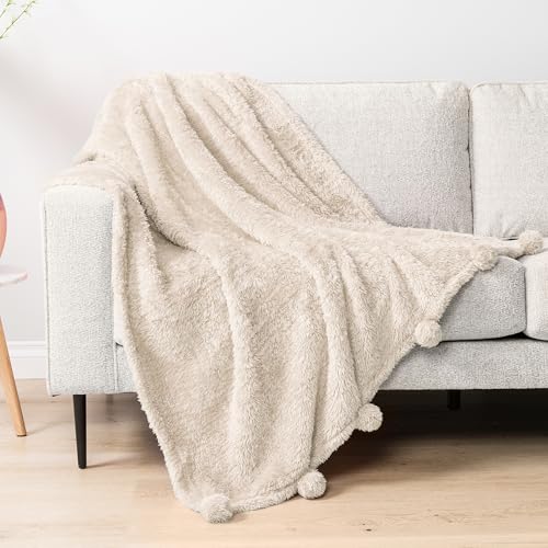 PAVILIA Plush Sherpa Throw Blanket with Pom Pom Fringe, Cream Ivory Beige - Fluffy Fleece Tassel Throw for Sofa Bed Couch - Soft Fuzzy Shaggy Lightweight Decorative Blanket - 50 x 60 in