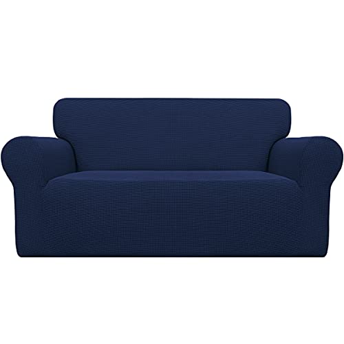 Easy-Going Stretch Loveseat Slipcover 1-Piece Sofa Cover Furniture Protector Couch Soft with Elastic Bottom for Kids Polyester Spandex Jacquard Fabric Small Checks(Loveseat, Navy)