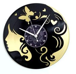 Instant Karma Clocks Instant Karma Vinyl Double Wall Clock – Gold – Gift Idea Butterfly Vintage Woman Face Profile, Silent