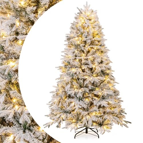 SPOTRAVEL 6ft Lighted Christmas Tree, Snow-flocked Pre-lit Xmas Tree
