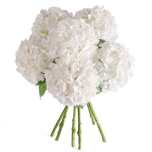 Kisflower 6PCS 22 inch Hydrangea Artificial Flowers Real Touch White Faux Hydrangea Flowers with Home Office Decor or Wedding Arrange Holiday and Birthday Party Decorations(White)