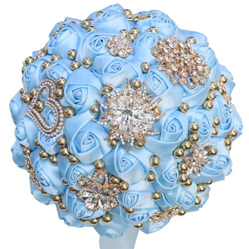 "Mhojpik Bridal Wedding Bouquet Round Holding Bouquet Throw Toss Artificial Rose Flower Bunch for Bride Bridesmaid Wedding Quinceanera(Light Blue, 8.3"")"