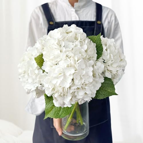JINWOE Artificial Hydrangea Flowers 21 Inch White Artificial Flowers 4 Pack Realistic Touch Silky Latex for Wedding Bouquet Centerpiece Outdoor Home