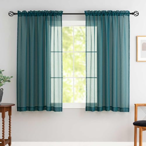 "MYSTIC-HOME Green Sheer Curtains 54 Inch Length Living Room Short Voile Drapes Light Filtering Solid Sheers Cafe Bathroom Basic Small Window 2 Panels Set, Rod Pocket, 52"" Wx54 L"