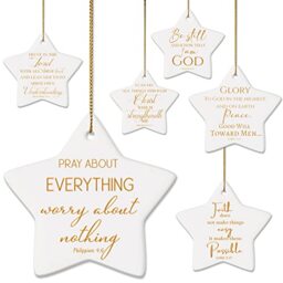6 Christian Christmas Tree Ornaments - Star Shaped Ceramic Keepsake Ornaments with Bible Verse Quotes for Merry Christmas & Xmas Hanging