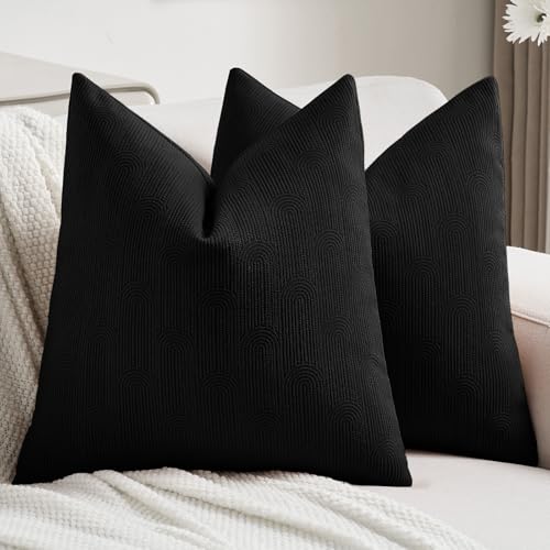 FUTEI Black Chenille Decorative Throw Pillow Covers 24x24 Inch Set of 2,Soft Cozy Striped Geometric Patterns European Cushion Cases,Modern Home Decor for Couch Bed Living Room