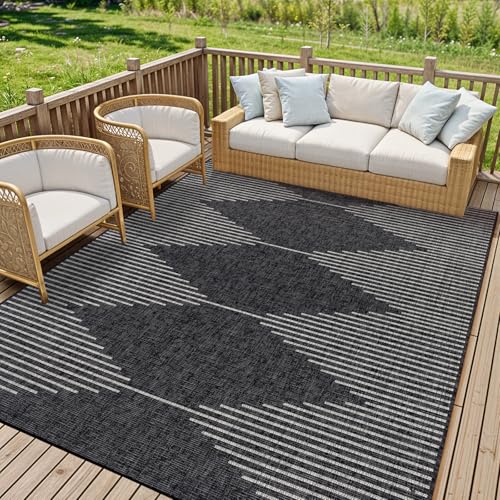 Livabliss Dolly Sevilla Indoor Outdoor Carpet 200x275 cm, Boho Pattern for Living Room, Dining & Garden, Waterproof Stain Durable, Black Grey