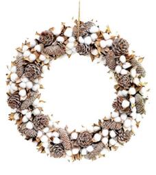 Shatchi Handmade 38cm Christmas Real Cotton Boll Wreath Pine Cones Vintage Xmas Home Décor Pre Decorated Decorations