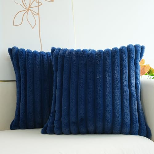 JOJUSIS Faux Fur Plush Throw Pillow Covers, Navy Blue, 18 x 18-Inch - Pack of 2, Couch Cushion Case, Soft Pillowcases, Decorative