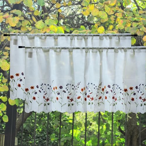 yurlisa 027 2 Pack Floral Embroidery Pastoral Style Valance, White Sheer Flowers Valances,Window Treatment for Kitchen,W60XL18 inch (Wild Flower)