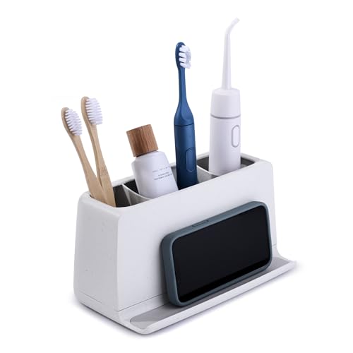 YouCopia Ledge Toothbrush Holder, 3-Slot, Bathroom Countertop Organizer with Phone Stand and Storage for Jewerly and Small Accessories