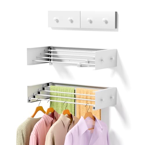"ZMBESUP Upgrade Laundry Drying Rack, 23.6"" Drying Rack Clothing Wall Mounted,Foldable, 4 Aluminum Rods with 4 Hooks, Space-Saving White Collapsible Drying Racks Hanger for Laundry Bathroom"