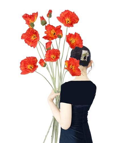 6PCS Long Stem Poppy Flowers Artificial 41.3in Faux Poppy Flowers Silk Flowers for Tall Vase Wedding Party Office Decor(OrangeRed)